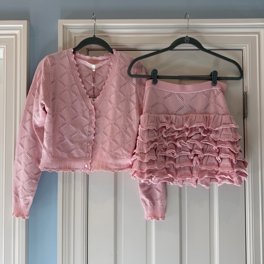 NWT LoveShackFancy Pink Knit Cardigan (M) and Skirt (S) Set Brand New Never Worn